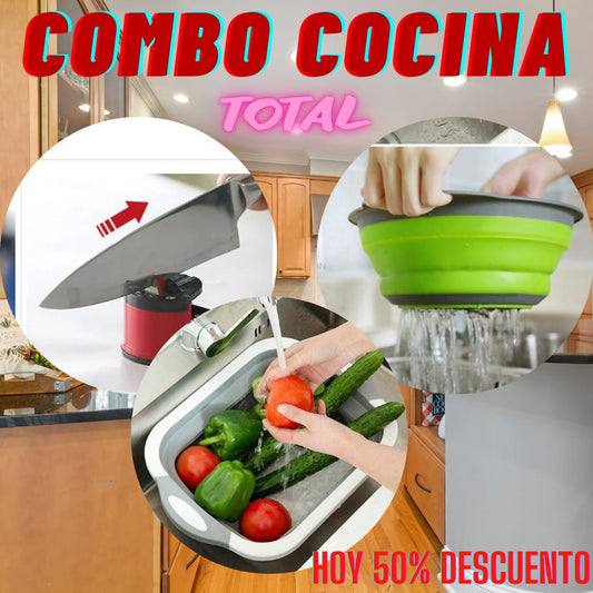 SUPER COMBO X 3 TABLA MULTIFUNCIONAL + AFILADOR DE CUCHILLOS + CESTA DE DRENAJE PLEGABLE
